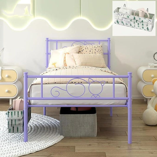 GIME Purple Twin Size Metal Bed Frame for Kids/Girls/Teen/Adult, Cute Cat Design Platform Bed with Hanging Storage Bag, Sturdy Metal Slat Support, No Box Spring Needed, Easy Assembly