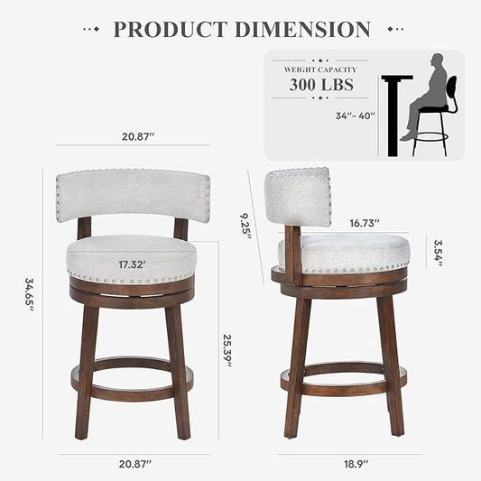 COLAMY Swivel Bar Stool, 25 Inch Wood Swivel Barstool with Back, Counter Height Bar Stools, Modern Upholstered Barstool for Kitchen Island Dining Room Bar, Beige
