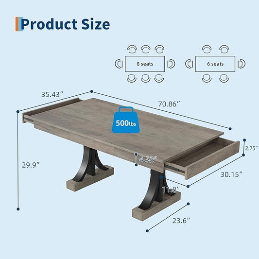 Garvee 71-Inch Wooden Dining Table with 2 Drawers, Rectangular Dining Table w/Large Tabletop & Double Pedestal, Large Kitchen Table for 6-8 with Sturdy Frame, for Dining Room, Kitchen, Rustic Gray