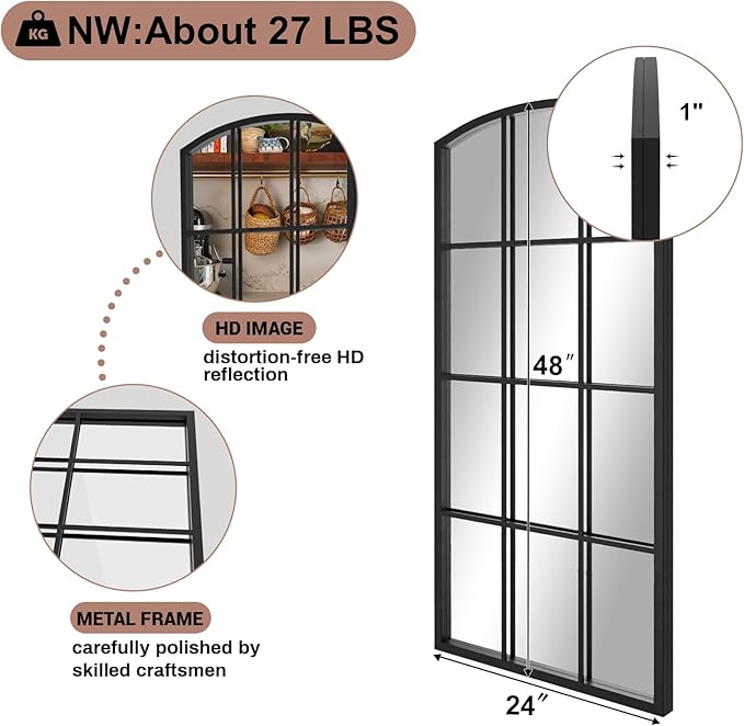 Arched Window Mirror, Arch Windowpane Mirror, Matte Black Window Pane Mirrors, Grid Frame Decorative Wall Mirrors for Living Room, Entryway, 24"x 48"