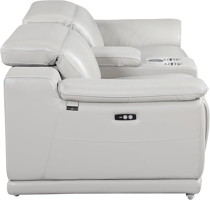 BlackJack Furniture Venice Top Grain Italian Leather Power Recline Loveseat Sofa - 93" Theater Seating Modern Couch for Living Room Apartment Home with Adjustable Headrests & USB Port, Light Grey
