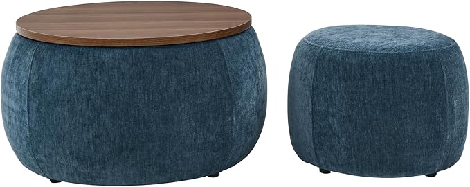 Ball & Cast Round Upholstered Storage-Ottoman Set with Wood Tray, Large Storage Coffee Table w/Footstool & Removable Lid, Dia 25" Padded Bench & End Side-Table for Living Bedroom, Dark Blue