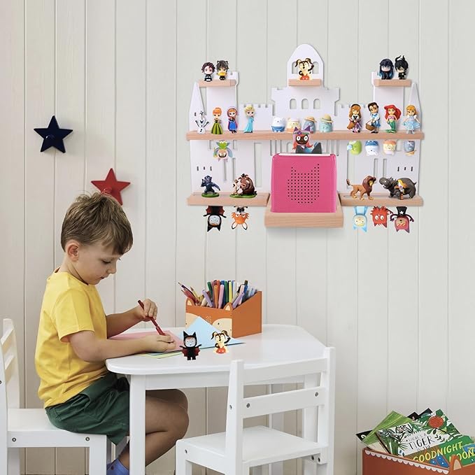 Tonie Shelf Castle for Toniebox,Wall Mounted Tonie Shelf Set,Tonie Figures Tonie Storage,Magnetic Wooden Floating Shelves Compatible with Toniebox for Kids Room (White)