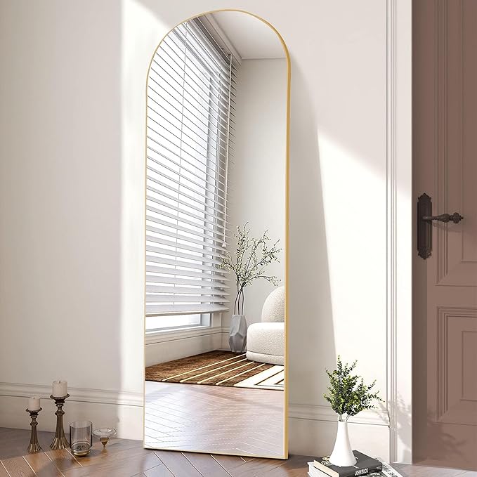OLIXIS Arched Full Length Mirror for Bedroom, 65"x24" Full Body Mirror with Stand, Hanging or Leaning for Wall, Aluminum Alloy Thin Frame Floor Standing for Living Room, Long, Gold