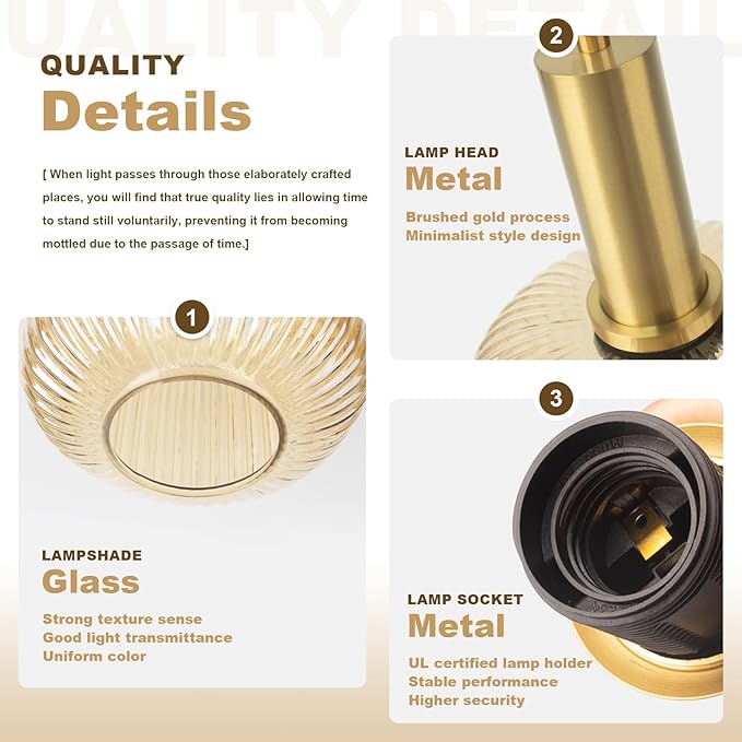 Amber Plug in Pendant Light Fixtures Mid Century Modern Hanging Lights with Plug in Cord Gold Pendant Light Plug in Vintage Glass Hanging Lamps for Living Room Bedroom Kitchen Dining Room