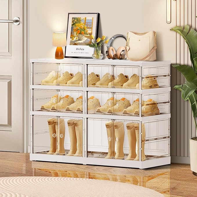 3-Tier Foldable Shoe Rack for Closet Entryway 6-12Pairs,Stackable Clear Shoe Storage Boxes Organizer with Door Plastic Small Shoe Cabinet Bins with Lids Shoes Shelf Easy Assembly White