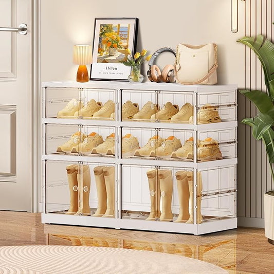 3-Tier Foldable Shoe Rack for Closet Entryway 6-12Pairs,Stackable Clear Shoe Storage Boxes Organizer with Door Plastic Small Shoe Cabinet Bins with Lids Shoes Shelf Easy Assembly White