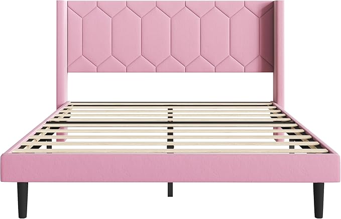 Queen Size Bed Frame with Velvet Upholstered Headboard, Platform Bed Frame No Box Spring Needed, Modern Bedframe with Strong Wooden Slats, Pink