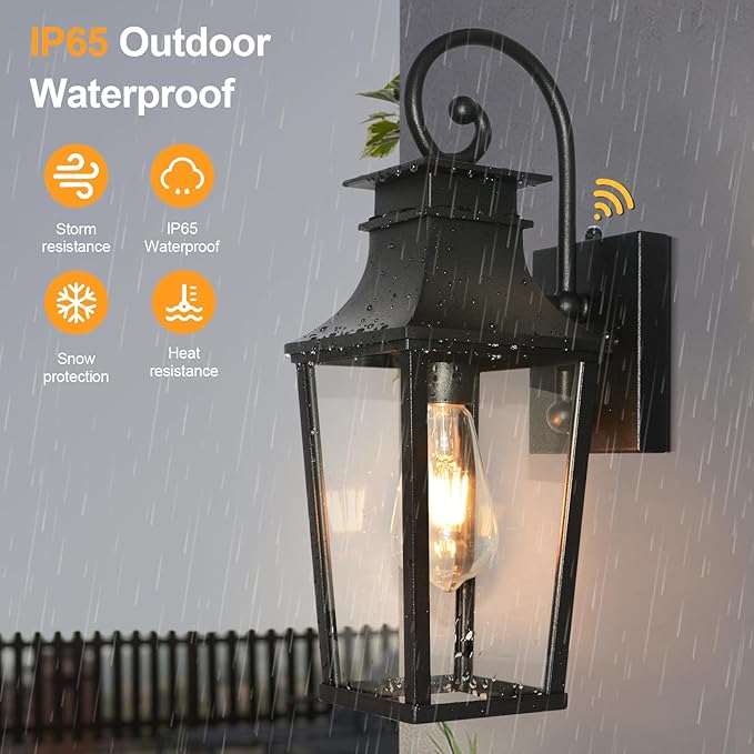 ALVIME Dusk to Dawn Outdoor Wall Lighting, 17 Inch Matte Black Outdoor Sconce Lights, Exterior Light Fixtures for House, Front Door, Porch, Patio, Garage, E26 Base& High Strength Clear Glass