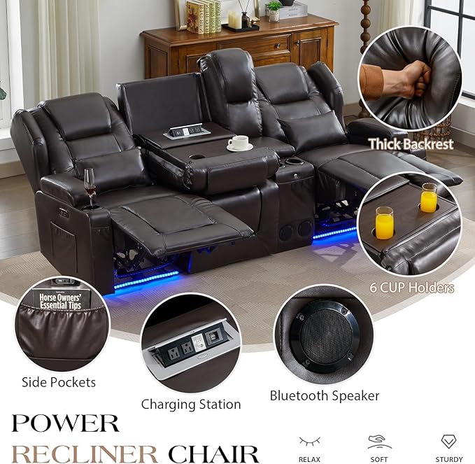 Oprisen 3-Seater Power Recliner Sofa Couch Flip Middle Backrest Reclining Sofa Chair for Living Room with Multi-Function Console/Cup Holders/LED Ambient Light