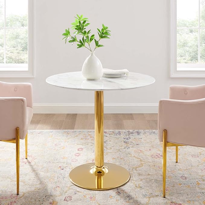 Modway Verne Round Artificial Marble 35" Dining Table in Gold White