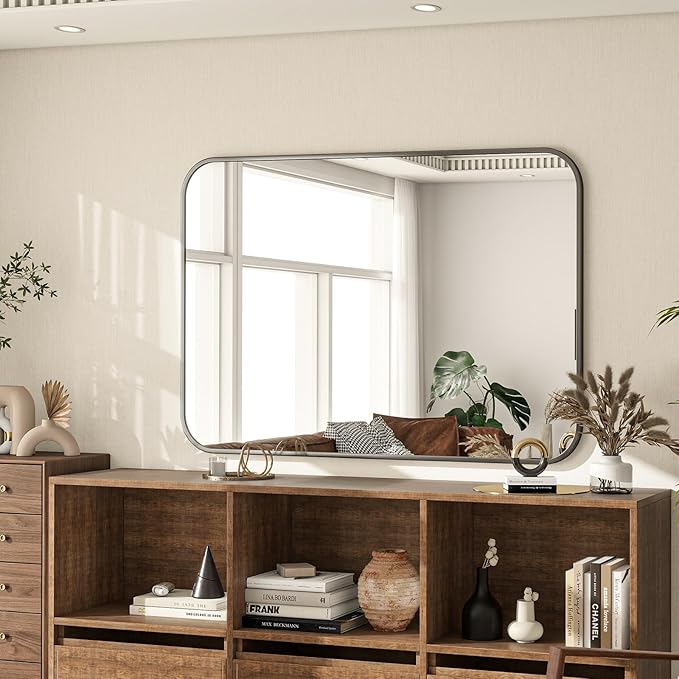26x38 Inch Bathroom Mirror - Wall Mounted Vanity Mirror with Round Corner Aluminum Alloy Frame, Hanging Horizontally Vertically for Living Room, Bedroom, Hallway as Home Decor, Black