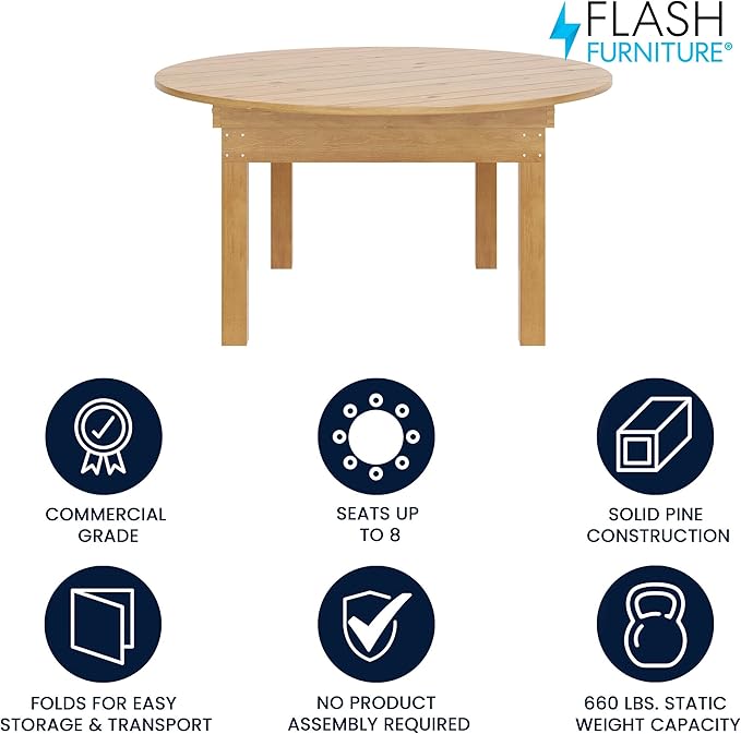Flash Furniture Hercules Commercial Round Farmhouse Folding Table, Antique Rustic Solid Pine Dining Room Table, Foldable Locking Legs, 60" Diameter, Light Natural
