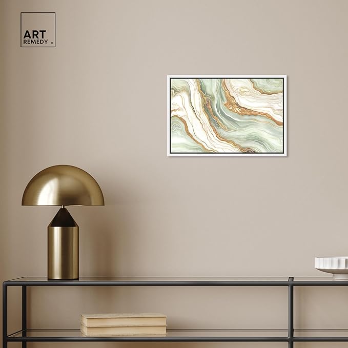 Art Remedy Green And Gold Framed Mineral, Agate & Geode 1 Piece Canvas Wall Art, 16" x 11", White Frame