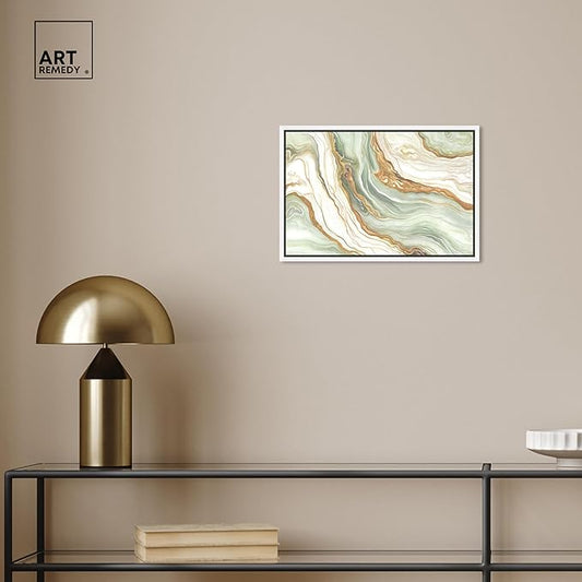 Art Remedy Green And Gold Framed Mineral, Agate & Geode 1 Piece Canvas Wall Art, 16" x 11", White Frame