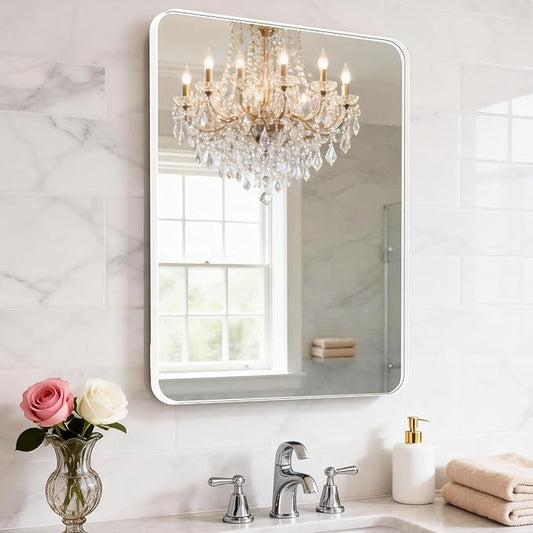 22" x 34" Bathroom Mirror Wall Mounted, Matte Aluminum Alloy Frame with Rounded Corners, Shatterproof Tempered Glass, Anti-Rust HD Vanity Mirror for Bathroom, Bedroom, Entryway (White)