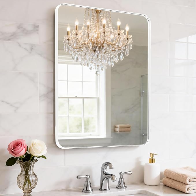 20"L x 16"W Matte White Metal Framed Bathroom Mirror for Wall, Rounded Rectangle Mirror, Matte White Bathroom Vanity Mirror Farmhouse, Anti-Rust, Tempered Glass, Hangs Horizontally or Vertically