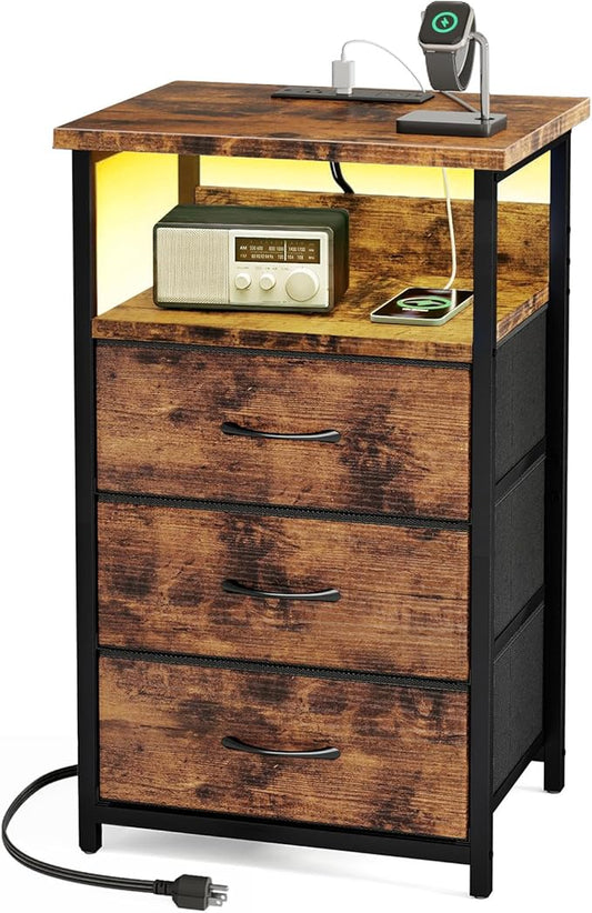 Fixwal Night Stand with Charging Station, LED Nightstand with Fabric Drawers, End Table with PU Finish, Bed Side Table, Rustic Brown