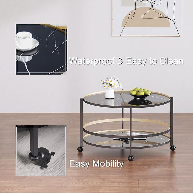 Round Coffee Table with Wheels & 2-Tier Design Black Marble-Textured Top, Sturdy Metal Frame & Premium Baked Paint Finish for Living Room, Balcony, Home - Easy Assembly - 31.5"x19.7"