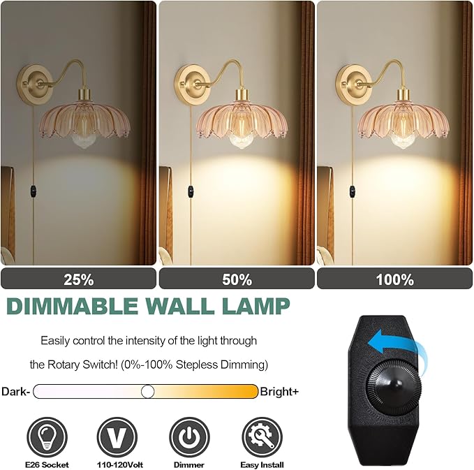 Vintage Plug in Wall Sconces Set of Two, Dimmable Wall Sconces Lamps with Flower Glass Lampshade & 3.6FT Plug in Cord, Gold Sconces Wall Decor Set of 2 Plug in Wall Lights Sconces for Bedroom