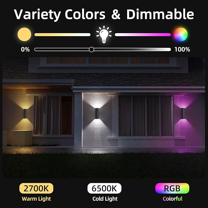 SHIMR Modern Outdoor Wall Lights Color Changing 2 Pack, RGBCW Smart Outdoor Lights Ambiance Sconce with Remote Control, Black Aluminum Exterior Lighting Fixtures Up and Down Lights [ETL Listed]