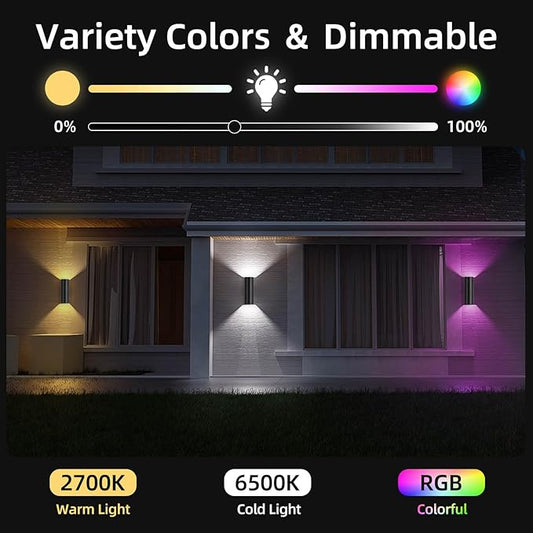 SHIMR Modern Outdoor Wall Lights Color Changing 2 Pack, RGBCW Smart Outdoor Lights Ambiance Sconce with Remote Control, Black Aluminum Exterior Lighting Fixtures Up and Down Lights [ETL Listed]