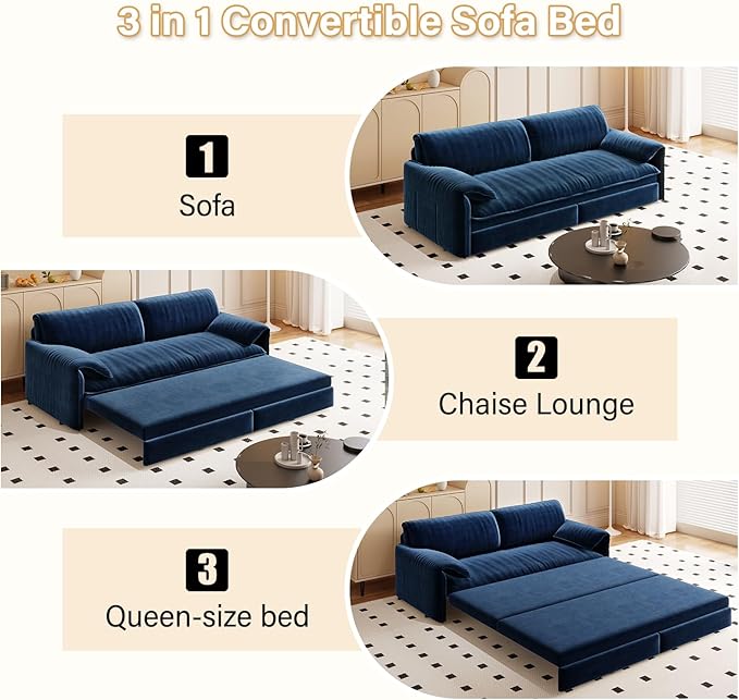 Eafurn 66" Convertible Sofa Bed Queen Size, 3-in-1 Pull Out Sleeper Couch Sofabed, Modern Velvet Loveseat Chaise Lounge w/Side Storage Pocket for Living Room Office | Removable Cushions