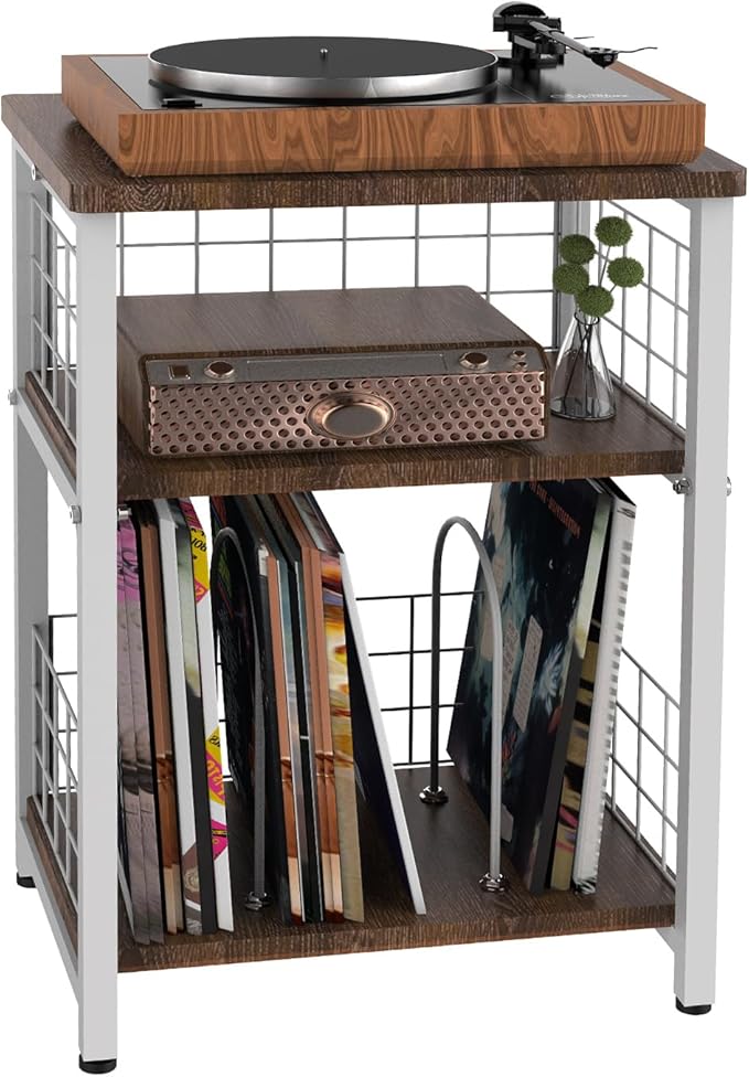Record Player Stand, 3 Tier End Table with Double Layer Iron Wire Mesh Turntable Vinyl Record Stand Storage Up to 100 Albums, Nightstand Small Side Tables for Living Room Bedroom, White