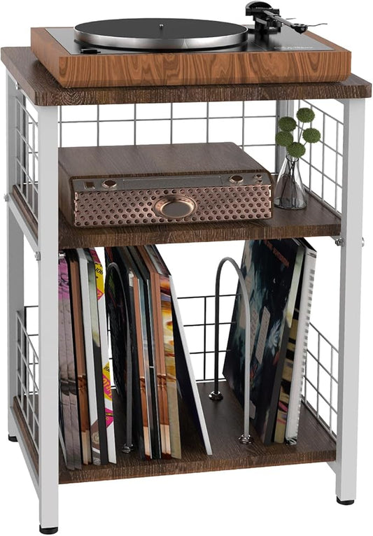 Record Player Stand, 3 Tier End Table with Double Layer Iron Wire Mesh Turntable Vinyl Record Stand Storage Up to 100 Albums, Nightstand Small Side Tables for Living Room Bedroom, White
