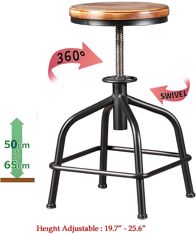 Topower Farmhouse Kitchen Stool, Industrial Counter Stool, Kitchen Deco Round Seat Standard Height Adjustable Swivel Bar Stools Indoor House Design Wood Seat Black Set of 2