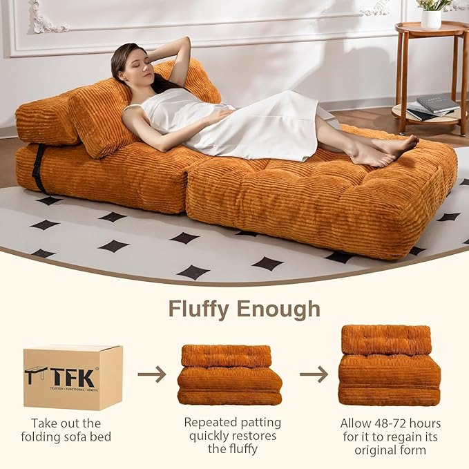 Folding Sofa Bed, Folding Chair Bed with Pillow, Convertible Lazy Sofa Bed with High-Density Support Foam, Fold Out Chair for Small Spaces Living Room Bedroom, Orange