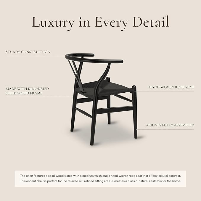 Poly & Bark Weave Dining Chairs – Mid-Century Modern Wishbone Dining Chairs with Arms, Solid Wood Frame, Indoor Use – Pitch Black – Set of 2 - Ideal for Dining Room, Kitchen or Stylish Accent Setting