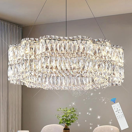 Modern Crystal LED Chandelier 32’’ with Remote Control Dimmable 3000-6500K Contemporary Chrome Luxury Chandeliers Light Fixture for Living Dining Room Bedroom Kitchen Island Foyer Entryway