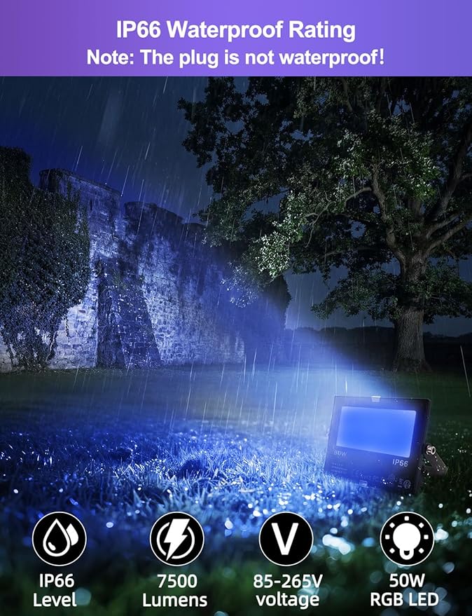 HEKEE RGB Led Flood Light 50W, Outdoor Color Changing DIY Customized Strobe Mode, Stage Landscape Lighting,Floodlights 12 Colors & 4 Modes, Remote Control Included, Timing IP66 Waterproof (2 Pack)