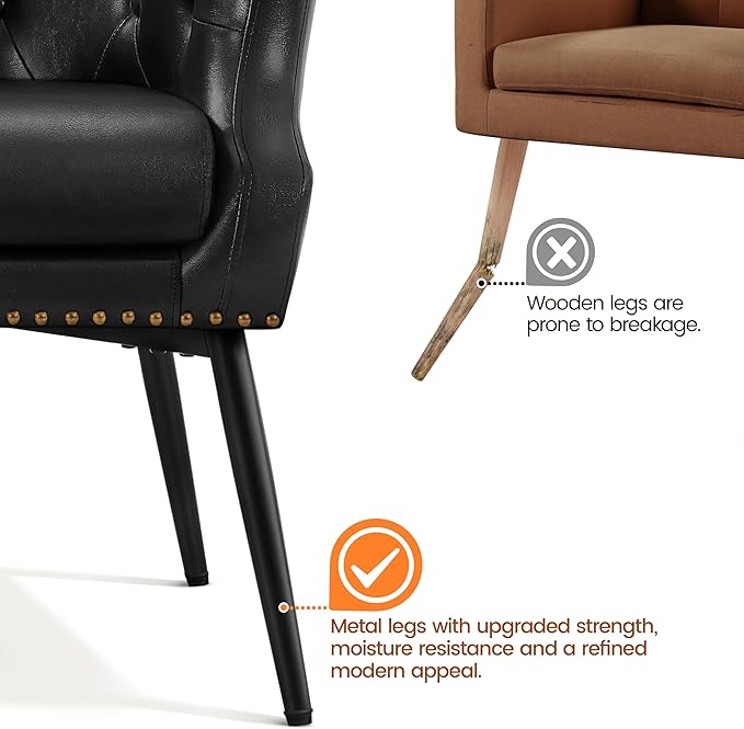Yaheetech Modern Accent Chair, Faux Leather Retro Armchair, Upholstered Barrel Chair with Metal Leg and Comfy Seat Cushion for Living Room Bedroom, Black, Set of 2