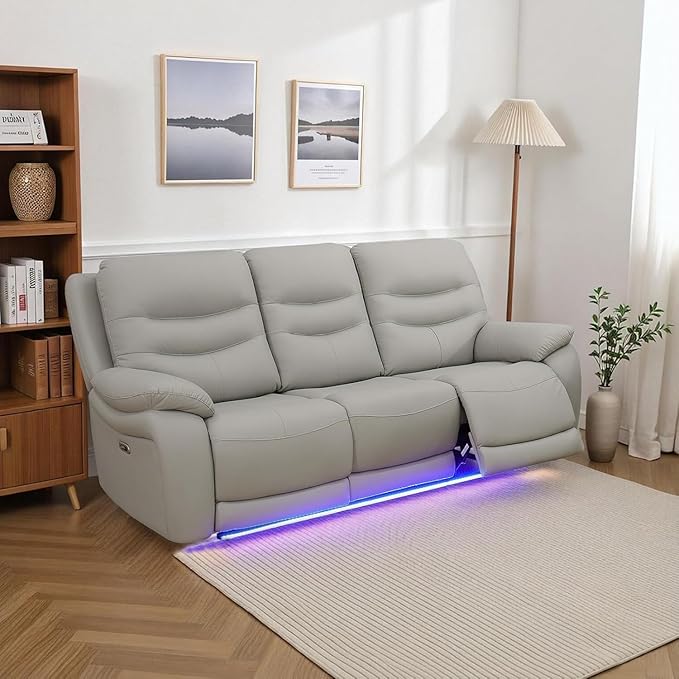 Power Reclining Sofa Set, Genuine Leather Recliner Sofa Set,Living Room Furniture Setwith USB Charging and LED Lights,for Living Room/Apartment/Office/Home Theather,Light Grey,S