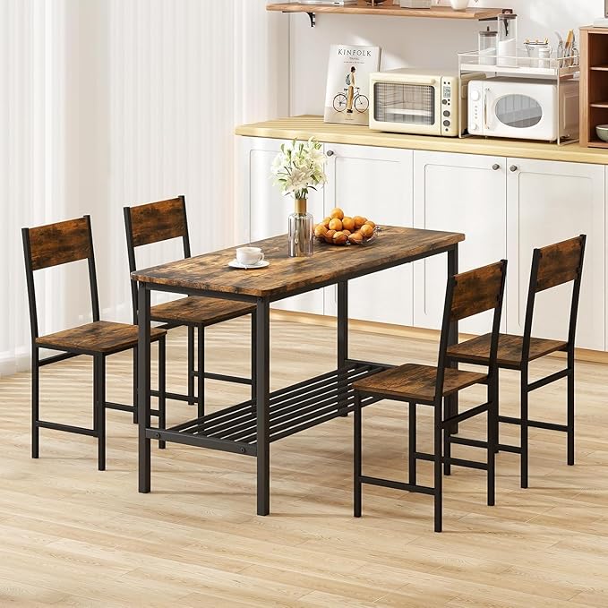 COSTWAY Dining Chairs Set of 4, Rustic Wood & Metal Frame Industrial Farmhouse Armless Side Chairs with Wide Comfy Seat & Slanted High Back for Dining Room, Kitchen, Home, Restaurant