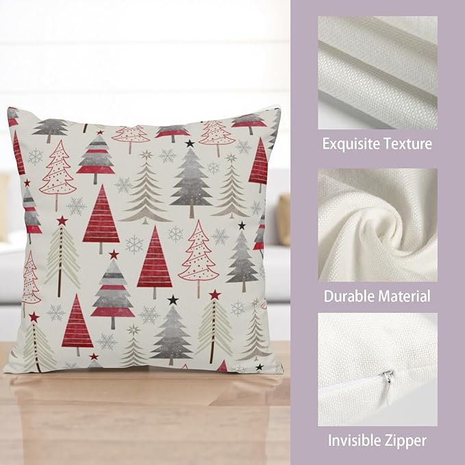 Christmas Throw Pillow Covers 16x16 Set of 2 Geometric Colorful Winter Xmas Tree Decorative Pillow Cases Outdoor Modern Farmhouse Holiday Red Gray Grey Cushion Case for Couch Sofa Bed