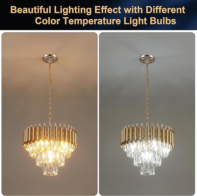 AXILIXI Gold Crystal Chandeliers 16” Modern Ceiling Pendant Light Fixture for Dining Room 3 Tiers Dimmable Round Flush Mount Chandeliers for Living Room Foyer Bedroom Kitchen