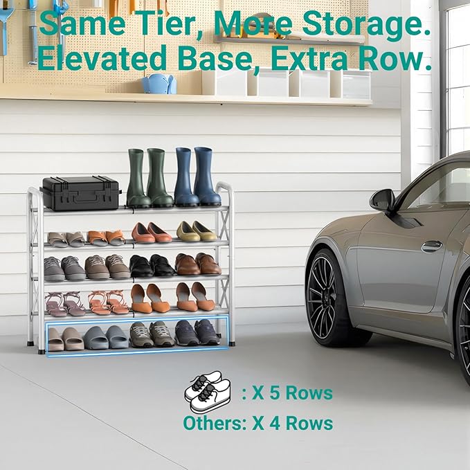 4-Tier Expandable Shoe Rack for Closet Floor, X-Frame Metal Small Shoe Rack for Entryway, Adjustable Shoe Shelf Organizer, Free Standing Shoe Racks for Front Door Entrance, Garage - White