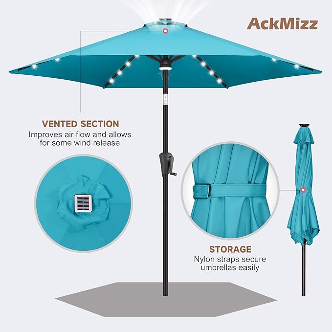 10FT Solar Patio Umbrella - Outdoor Umbrella with Centre Surround Light 24 LED Lights, Market Table Umbrella with Tilt for Pool, Porch, Garden, Deck, Backyard UV Protection (Aqua Blue)