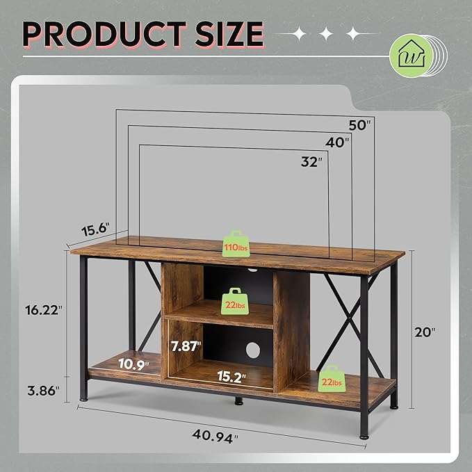 WLIVE Industrial TV Stand for up to 45 inch TV, Heavy-Duty Metal Frame Entertainment Center, Compact Media Console with Adjustable Shelf & Cable Management for Small Spaces, Living Room, Rustic Brown