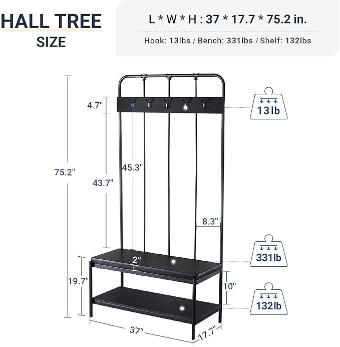 Allewie Coat Rack Shoe Bench, 75" Freestanding Hall Tree, Entryway Bench with Storage Shelves, Upholstered Sponge-Padded Seat, Organized with 5 Hooks, Industrial Furniture, Easy Assembly, Black