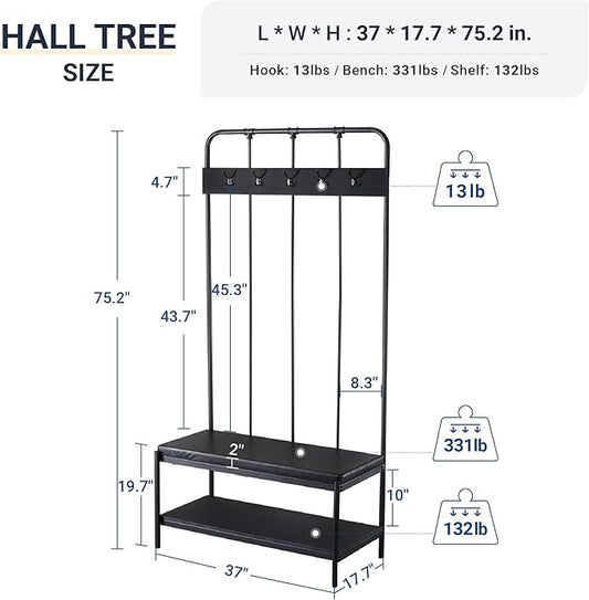 Allewie Coat Rack Shoe Bench, 75" Freestanding Hall Tree, Entryway Bench with Storage Shelves, Upholstered Sponge-Padded Seat, Organized with 5 Hooks, Industrial Furniture, Easy Assembly, Black