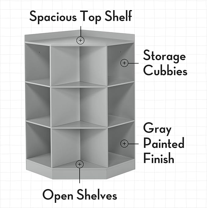 RiverRidge Kids Toy Storage Corner Cabinet with 6 Cubbies & 3 Angled Shelves - Gray Toy Shelf Cubby Corner Storage Shelf Playroom Toy Organizer