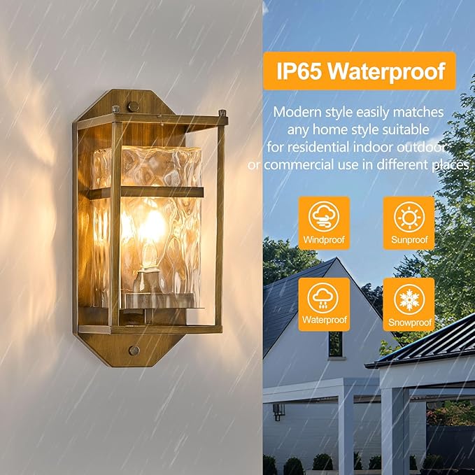 Vintage Gold Outdoor Wall Sconce,Waterproof Exterior Light Fixture with Glass Shades & E26 Sockets, Porch Wall Mount Lighting Brightens to Garage,Patio,Front Door