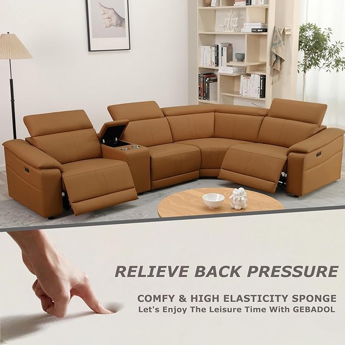 Power Recliner Sectional Sofa, L-Shaped Living Room Furniture Set, Leather Recliner Sofa,Reclining Sectional Couch with Storage Console/Cup Holder for Living Room/House/Apt (Light Brown, 4 Seater)