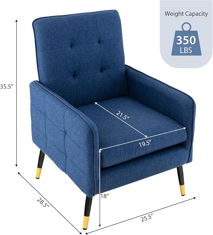 Giantex Modern Mid-Century Accent Chair - Upholstered Armchair with Tufted Back, Metal Legs, Adjustable Foot Pads, Linen Fabric Single Sofa Chair for Reading, Living Room Chair for Bedroom, Blue