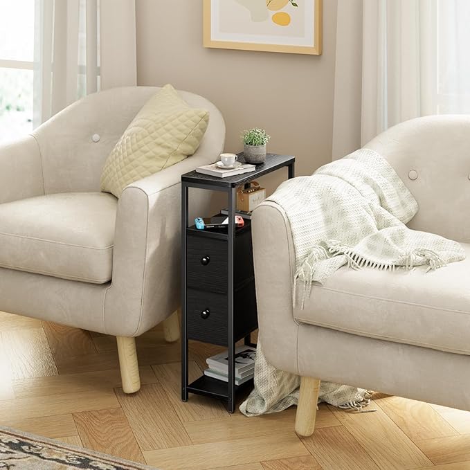 Narrow Nightstand Side Table - Skinny Night Stand for Small Space Bedroom Slim Bedsides Tables with 2 Drawers, Black