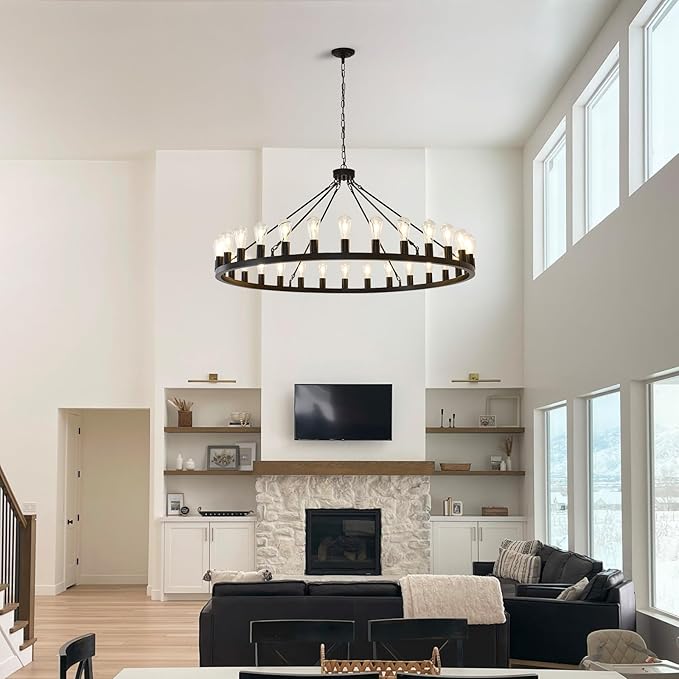 NILSE 53-Inch 30-Light Wagon Wheel Light Fixture, Black Farmhouse Chandelier for Living Room Dining Room, Extra Large Foyer Chandeliers for High Ceilings, Entryway, Bedroom, E26